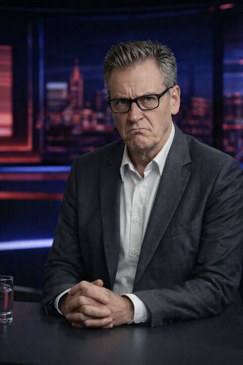 Geron Scrimmer im Studio – grauer Anzug, schwarze Brille